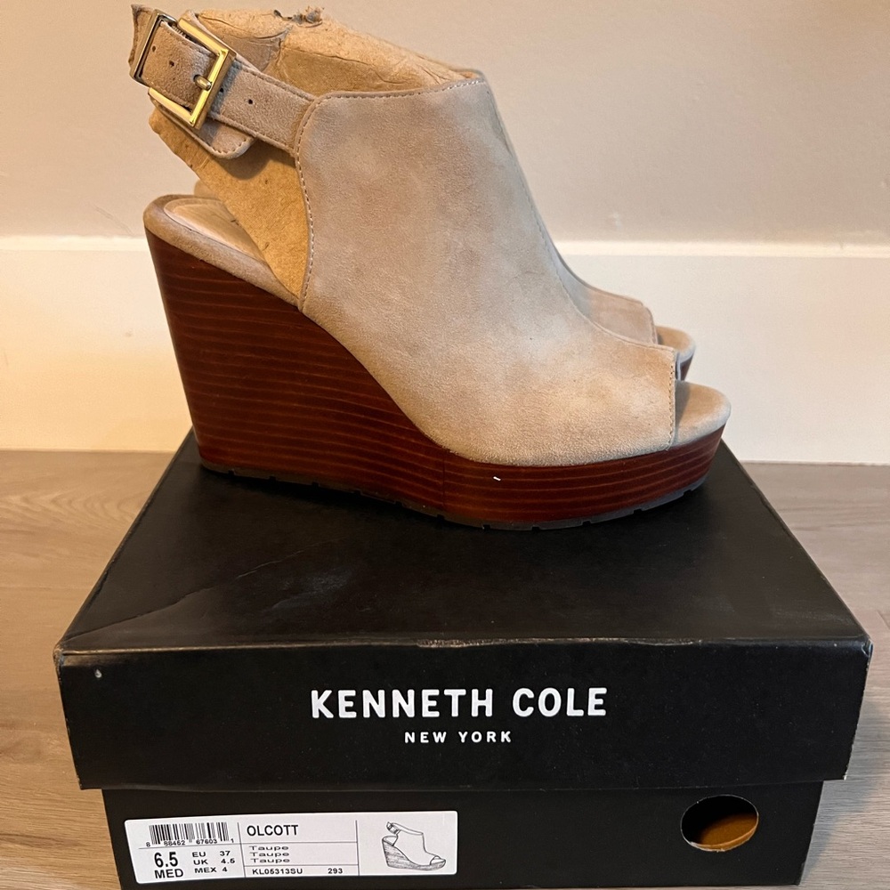 Kenneth Cole New York Tan Wedge Heel with Metal Buckle on Ankle